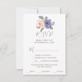 Flores roxas e Placa RSVP de Escolha do Lace Menu