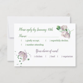 flores roxas folhas verdes borboletas cartão rsvp