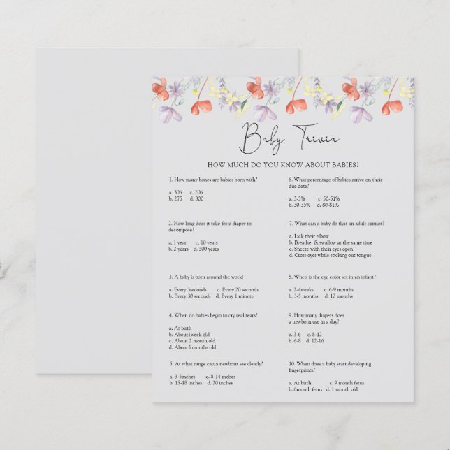 Flores Selvagens Baby Trivia | Jogo Chá de fraldas (Frente/Verso)