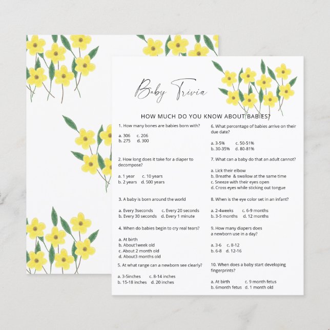 Flores Selvagens Baby Trivia | Jogo Chá de fraldas (Frente/Verso)