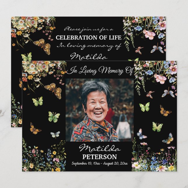 Flores Selvagens Borboletas 1 Foto Convite Funeral (Frente/Verso)