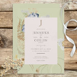 Flores selvagens no Convite para Casamento de Sábi<br><div class="desc">Anuncie seu casamento com um toque de elegância rústica. Nosso convite de casamento cativante apresenta um arranjo vibrante de flores silvestres e samambaias, meticulosamente desenhados à mão e lembrando tesouros botânicos pressionados. Cores ricas como bronzeado, amarelo, creme, azul e verde-sábio se destacam lindamente contra uma imagem de fundo verde-claro-suave. Os...</div>