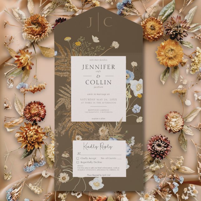 Flores Selvagens Russas Monograma Castanho Claro S (Rustic Wildflowers Monogram Light Brown No Dinner All In One Invitation)
