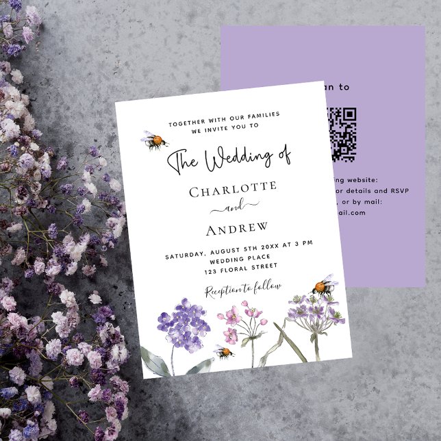 Flores selvagens violeta QR convite para casamento (Criador carregado)