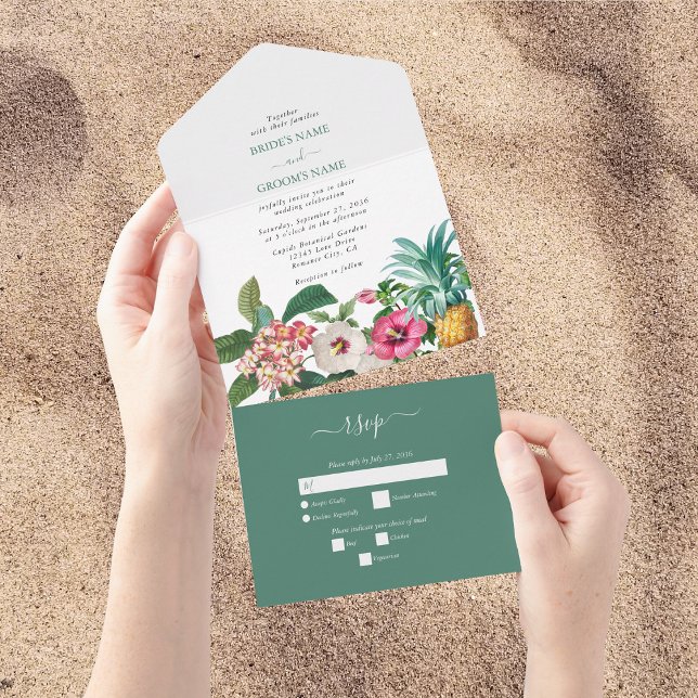 Flores Tropicais De Cores Aquáticas E Casamento Ve (Tropical Watercolor Flowers & Greenery Wedding All In One Invitation)