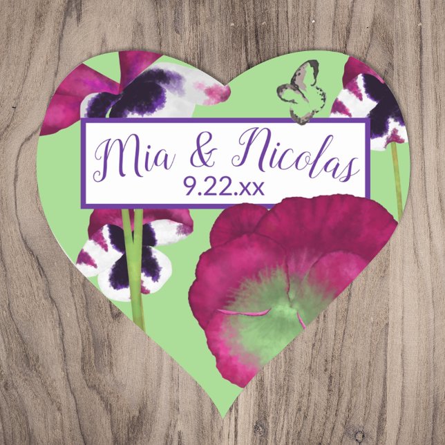 Flores Verdes Magenta Autocolantes Personalizados (spring summer green magenta berry pink pansy heart-shaped wedding monogram bride groom names sticker)