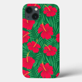 Flores Vermelhas de Hibisco em Folhas Tropicais Ve