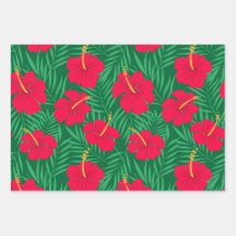 Flores Vermelhas de Hibisco em Folhas Tropicais Ve