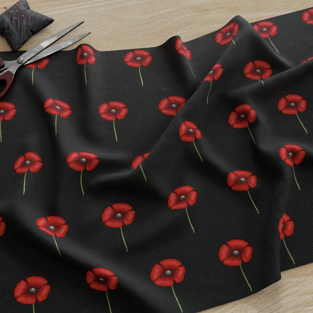 Flores Vermelhas De Papoila No Tecido Preto (A cute poppy pattern fabric just for you)