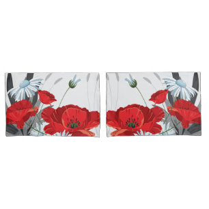 Flores vermelhas e brancas margaridas e papagaios