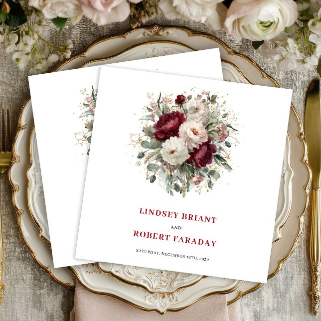 Flores Vermelhas Luxuosas Guardanapos de Casamento (Luxury Deep Red Flowers Gold Wedding Napkins)