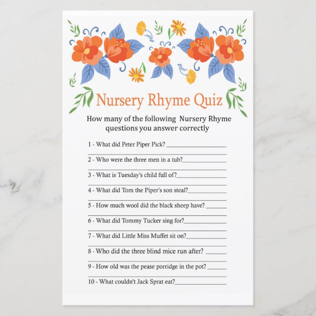 Nursery Rhyme Quiz jogo de Chá de fraldas com Resp | Zazzle Portugal