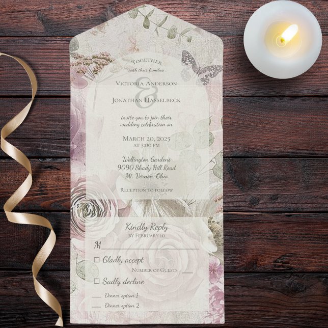 Flores Vintage com Borboleta (Also available without dinner options or with QR code. )