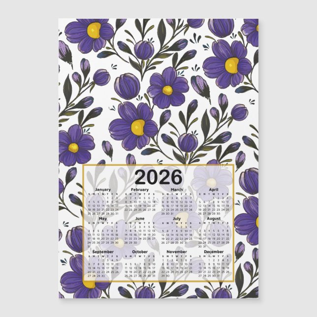 Flores Violetas Azuis de Calendário 2026 com Folha (Frente)