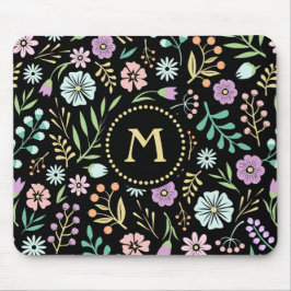 Flores Whimsical Monogramas no Mousepad Negro