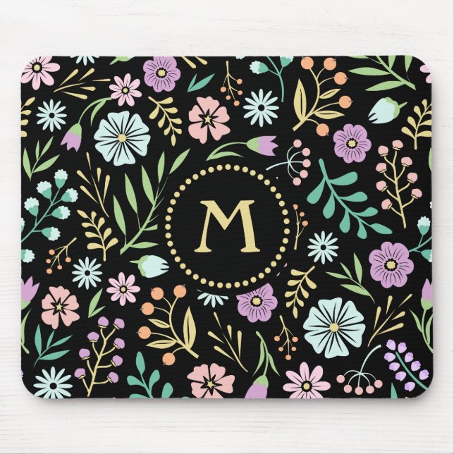 Flores Whimsical Monogramas no Mousepad Negro (Frente)
