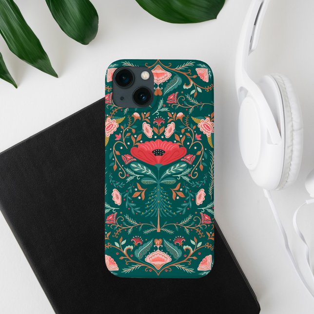 Floresta de Arte Folar Festiva Bontânica Floral Ve (Festive Bontanical Floral Folk Art Forest Green Case-Mate iPhone Case)