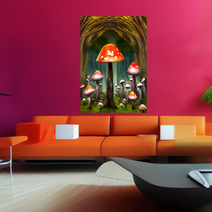 Floresta de cogumelos vermelhos   AI Art Poster
