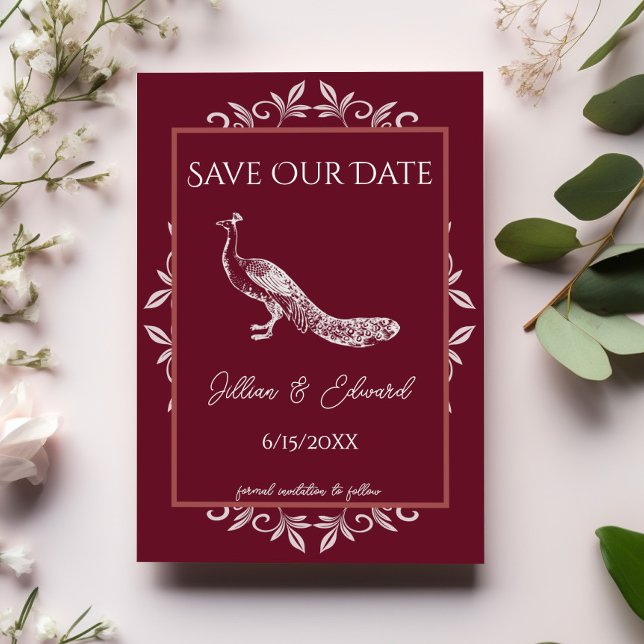 Floresta De Pavão De Vinho Salve O Anúncio De Data (Wine Red Peacock Flourish Save the Date)