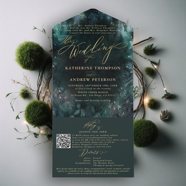 Floresta Encantada Fada Woodland Emerald Elegante (enchanted forest trifold all in one wedding invitation gold calligraphy emerald fairy woodlands)