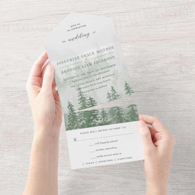 Floresta Evergreen de Watercolor em Casamento Verd (Aba destacável)