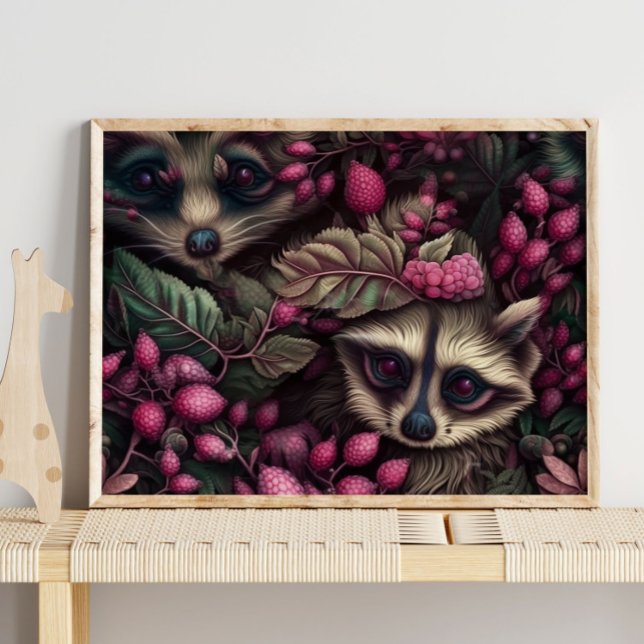 Floresta Raccoon - Berries Rosa | Impressão de Mur (Criador carregado)