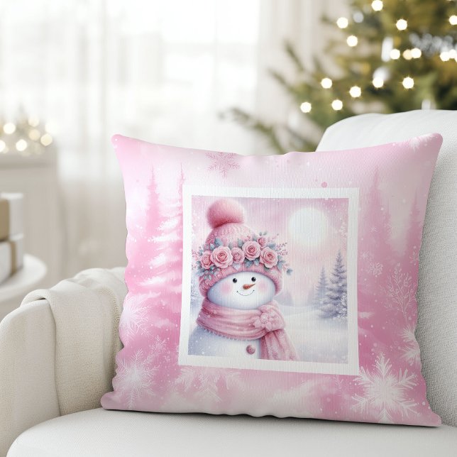 Floresta Rosa Doce Boneco de Neve Pinkmas Almofada (Sweet Pink Forest Pinkmas Snowman Kids Cushion)
