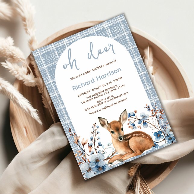 Floresta russa Oh deer belo convite para chás de f (Oh deer rustic blue florals with cute forest deer baby shower invitation, gender neutral, woodland )