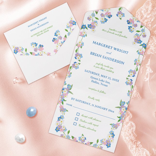 Floresta Selvagem Esquece-me de Azul e Cor de Água (Wildflower Forget Me Not Blue and Pink Watercolor All In One Invitation)