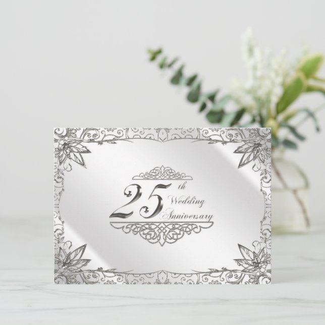 Flourish Silver Convite de Aniversário de 25 Anos  (Em pé/Frente)