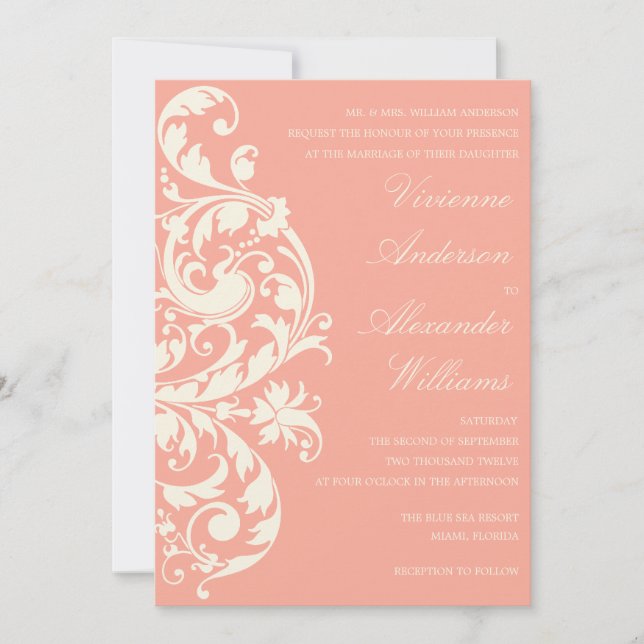 FLOURISMO DE CORAL E CREME| CONVITE DE CASAMENTO (Frente)