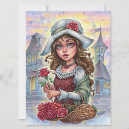 Flower Girl Art Card Medieval Fairytalle Town