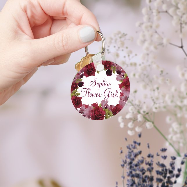 Flower Girl Burgundy Floral Weding Favor Chaveiro (A burgundy floral keychain that can be used for your Flower Girl or any member of your bridal party)