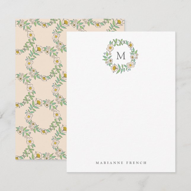 Flower Wreath Monograma Cartão Pessoal Nota (Frente/Verso)