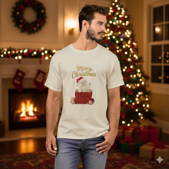 Fluffy Christmas Kitten Santa Hat T-Shirt (Criador carregado)