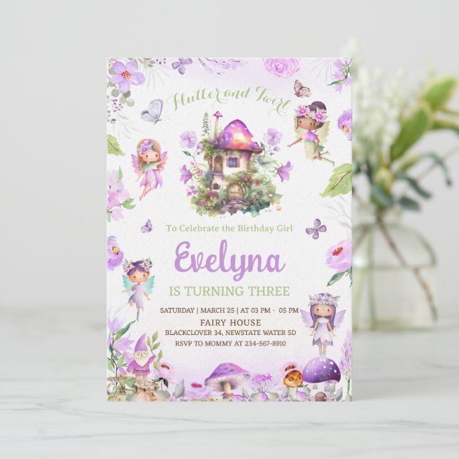 Flutter Leiteiro Twirly Purple Aniversário Convite (Em pé/Frente)