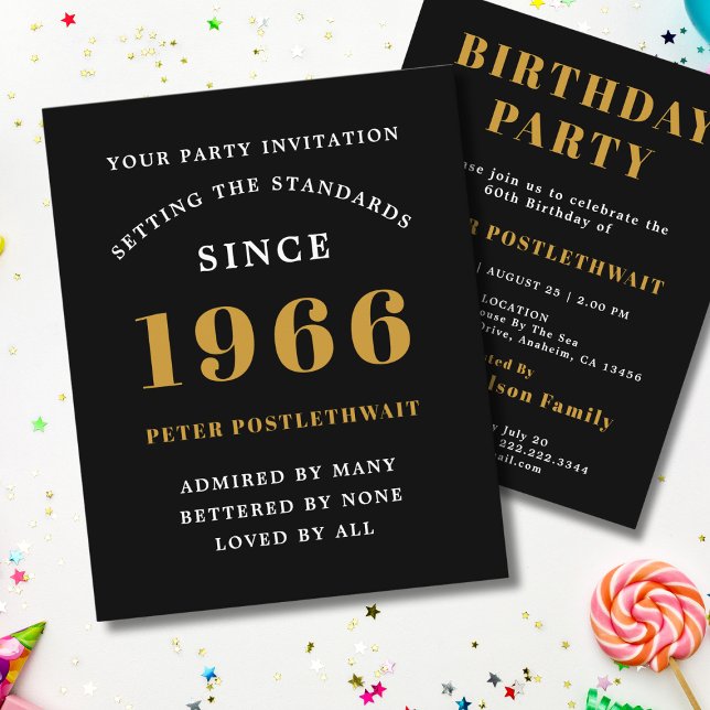 Flyer 1966 Budget 60th Birthday Invitation Black Gold (1966 birthday invitation budget  flyer. White background.)