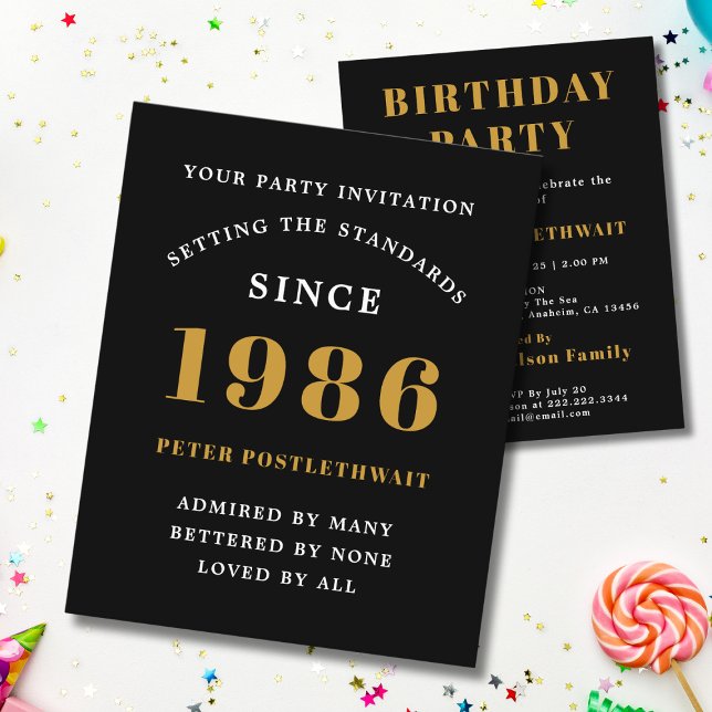 Flyer 1986 Budget 40th Birthday Invitation Black Gold (1986 budget birthday invitation. White background.)
