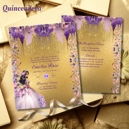 Flyer 25 Espargo Dourado Roxo Quinceanera Vestido Floral
