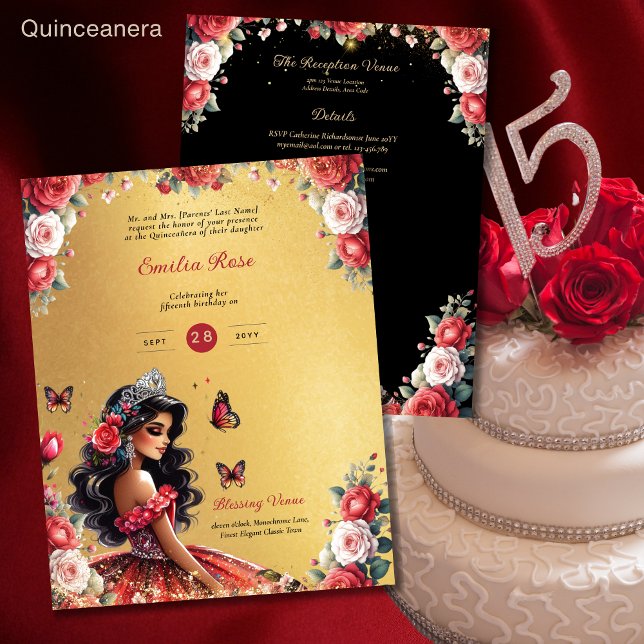 Flyer 25 ORÇAMENTO Red Black Quinceanera Vestido Floral (Criador carregado)