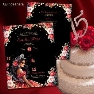 Flyer 25 Orçamento Red Black Quinceanera Vestido Floral