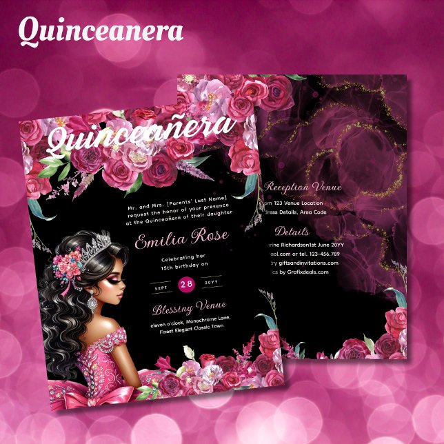 Flyer 25 Papel Floral de Quinceanera, cor-de-rosa magent (Criador carregado)