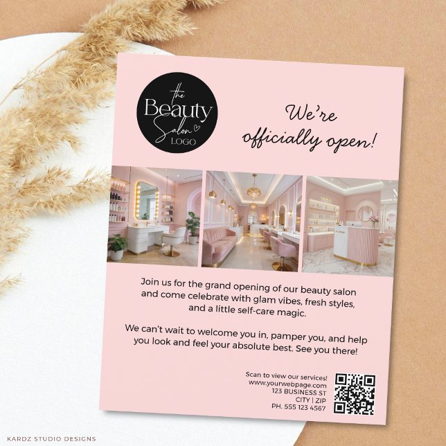 Flyer 3 Foto Logo de Texto Personalizado Salão de Beleza (Flyer shown in 4.5 x 5.6 inches. Add your logo, Qr Code, and information. Choose paper type.)