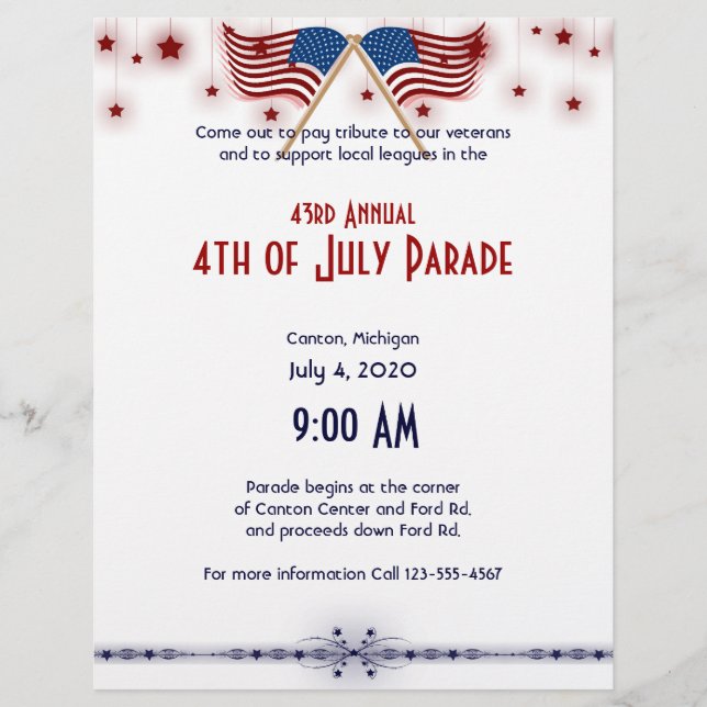 Flyer 4 de julho Bandeiras e Estrelas Patrióticas dos EU (Frente)