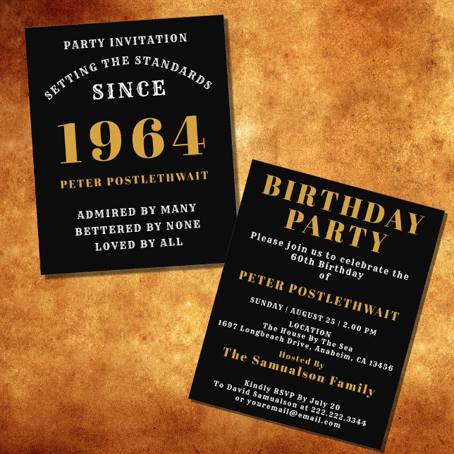 Flyer 60º Aniversário de 1964 Preto Dourado Personalizad (Elegant Black and Gold 60th Birthday Invitation - Create Your Own Personalized Design.)