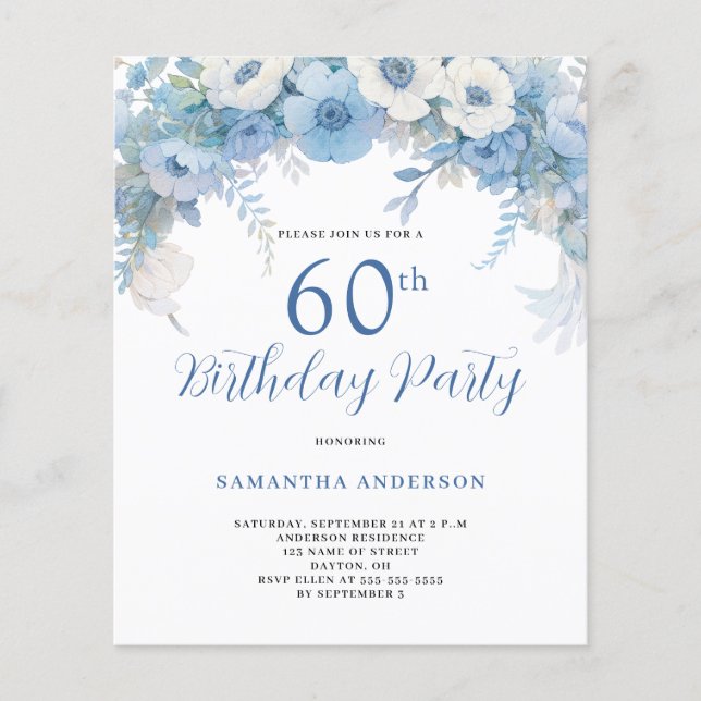Flyer 60º Convite de Aniversário de Azul de Orçamento (Frente)