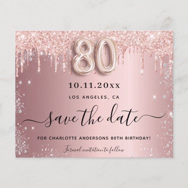 Flyer 80º aniversário rosa prata orçamento economize a d (Frente)