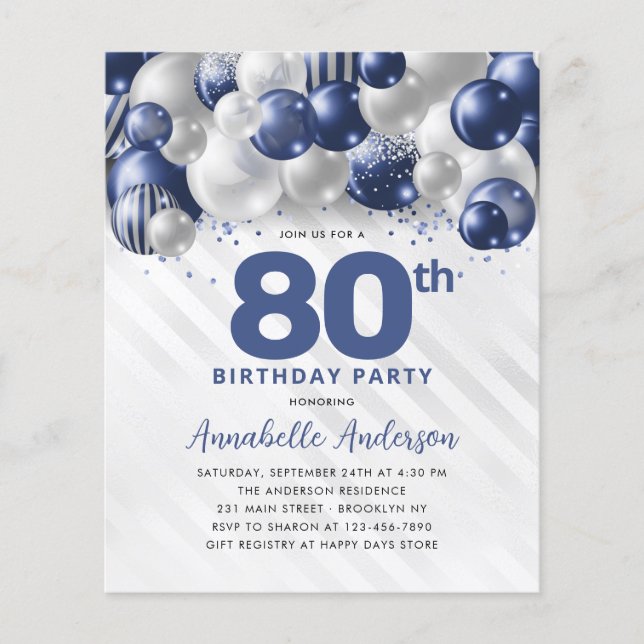 Flyer 80 de Aniversário do Balão Azul de Prata Barata (Frente)
