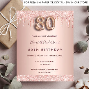 Flyer 80 de aniversário rosa dourado gliter convite de o
