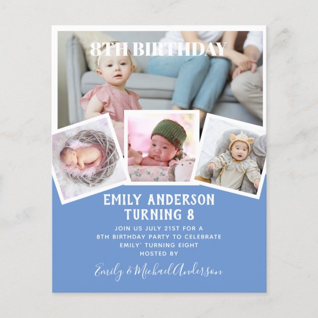 Flyer 8.º Aniversário Colagem de Fotos Convidam Menina M (Frente)